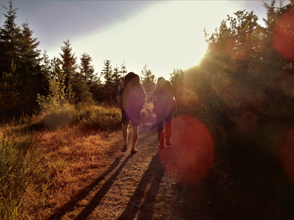 Zwei Wanderer mit Rucksäcken in der Abendsonne. Sie zeigen eine typische Situation bei einer Trekkingtour.